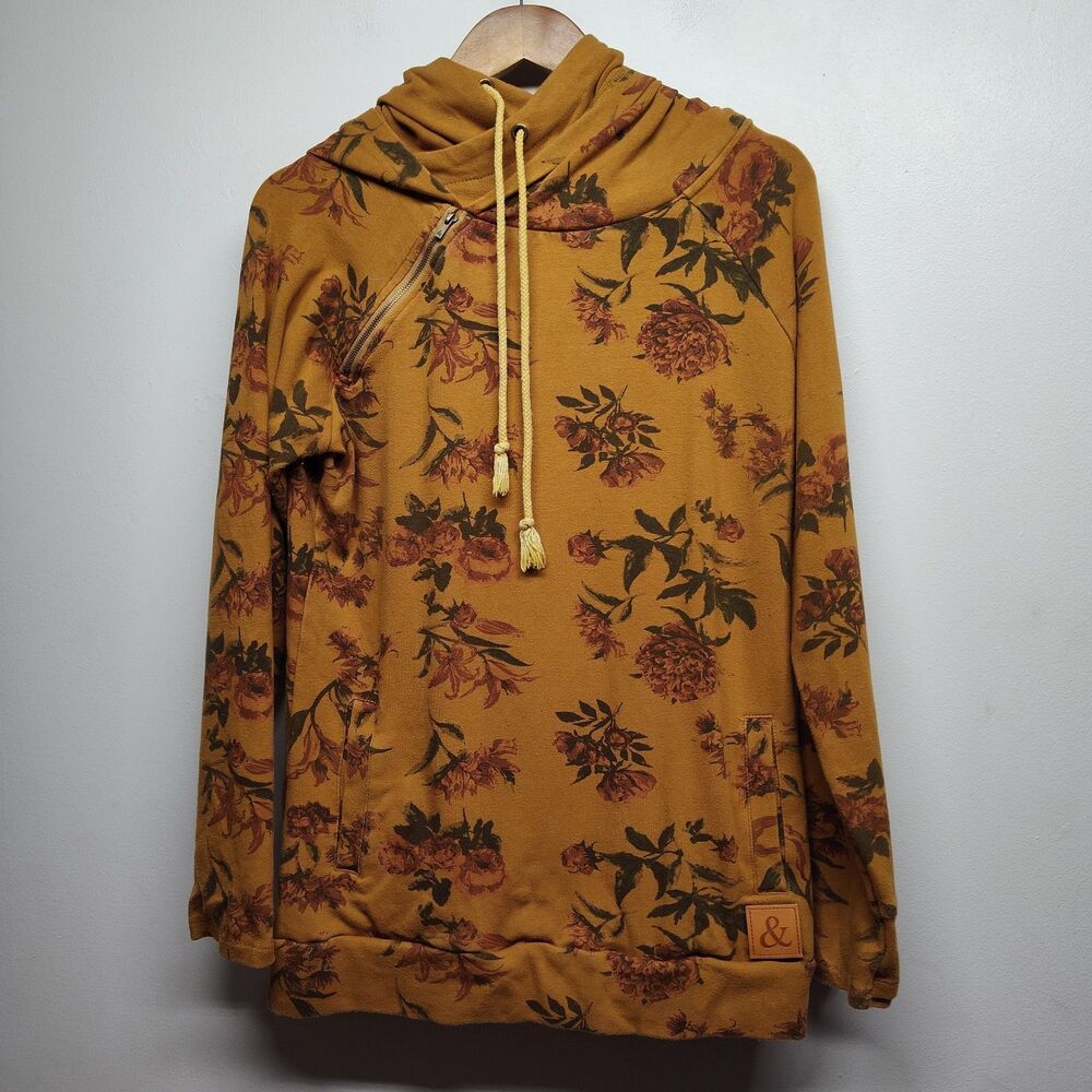 Ampersand Avenue Garden Glamour Double Hood Sweatshirt Women M Yellow Floral